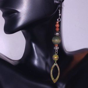 Handmade Green and Copper Color Earrings With Wooden Beads on Fishhook Wires
